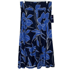 CHAPS Pull On Flowy Midi Skirt Size Medium Blue Hawaiian Floral Print Cotton NEW
